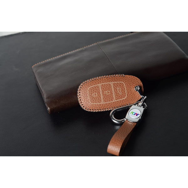 JVCV® Soft Handmade Lychee Pattern Leather Key Cover Compatible with Hyundai New Verna 3 Button Smart Key