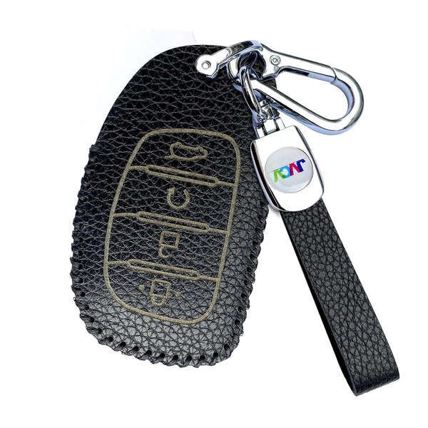 JVCV® Soft Handmade Lychee Pattern Leather Key Cover Compatible with Hyundai Alcazar and Creta 2021 2022 & 2023 Car 4 Button Smart Key with Keychain