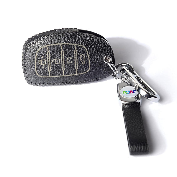 JVCV® Soft Handmade Lychee Pattern Leather Key Cover Compatible with Hyundai Alcazar and Creta 2021 2022 & 2023 Car 4 Button Smart Key with Keychain