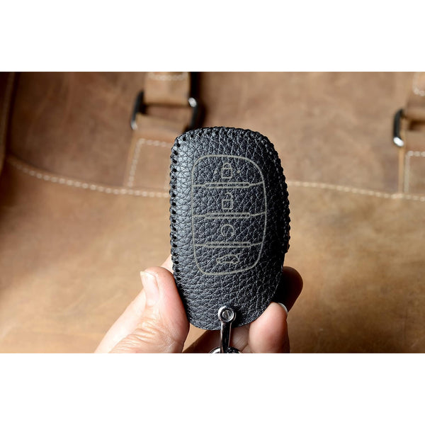 JVCV® Soft Handmade Lychee Pattern Leather Key Cover Compatible with Hyundai Alcazar and Creta 2021 2022 & 2023 Car 4 Button Smart Key with Keychain