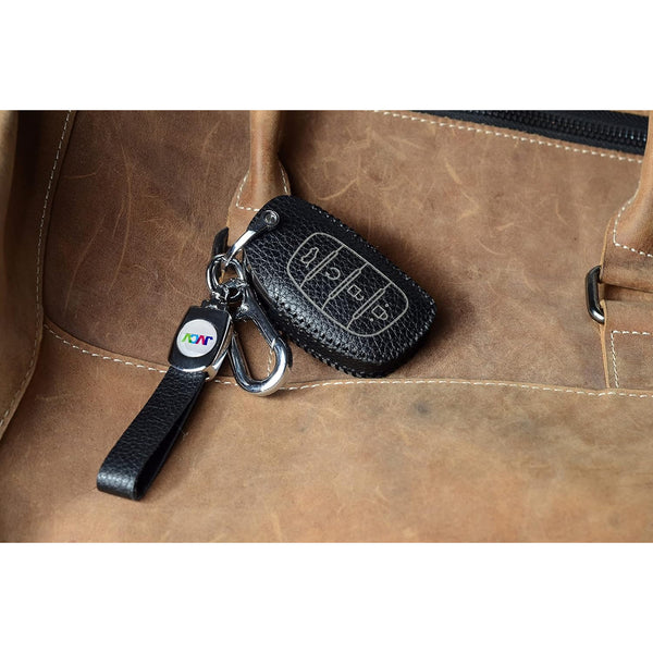JVCV® Soft Handmade Lychee Pattern Leather Key Cover Compatible with Hyundai Alcazar and Creta 2021 2022 & 2023 Car 4 Button Smart Key with Keychain