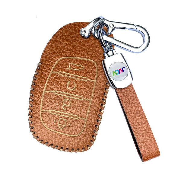 JVCV® Soft Handmade Lychee Pattern Leather Key Cover Compatible with Hyundai Alcazar and Creta 2021 2022 & 2023 Car 4 Button Smart Key with Keychain