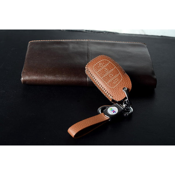 JVCV® Soft Handmade Lychee Pattern Leather Key Cover Compatible with Hyundai Alcazar and Creta 2021 2022 & 2023 Car 4 Button Smart Key with Keychain