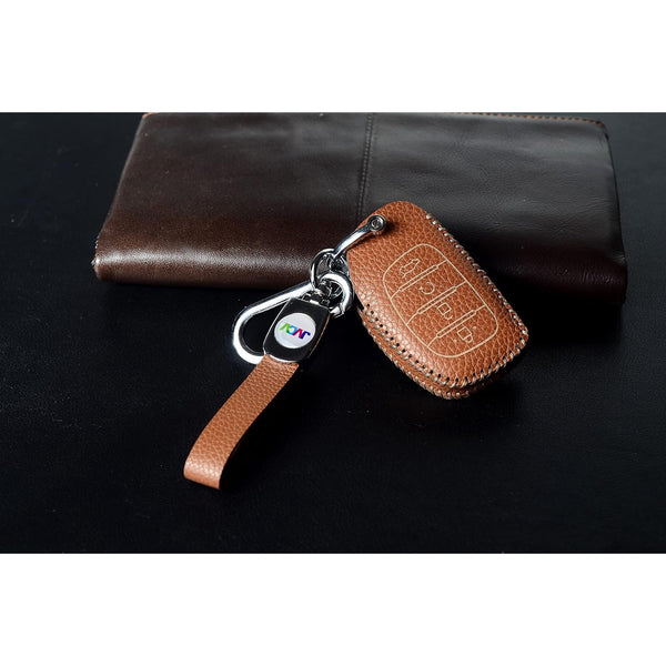 JVCV® Soft Handmade Lychee Pattern Leather Key Cover Compatible with Hyundai Alcazar and Creta 2021 2022 & 2023 Car 4 Button Smart Key with Keychain