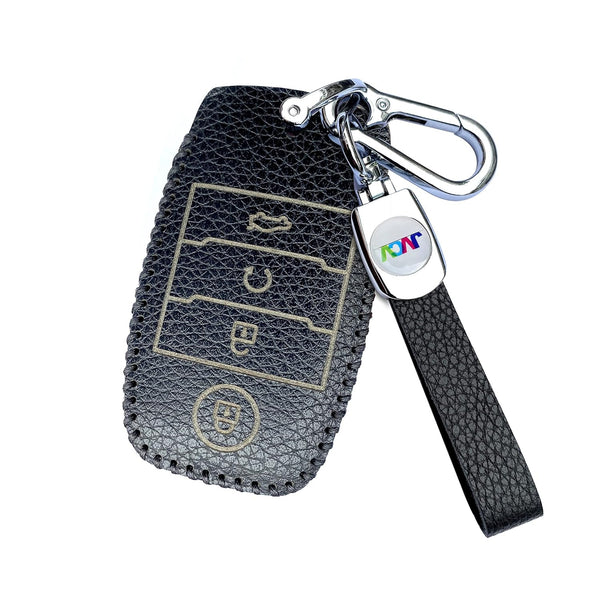 JVCV® Soft Handmade Lychee Pattern Leather Key Cover Compatible with Kia Sonet Seltos Carens 4 Button Smart Key