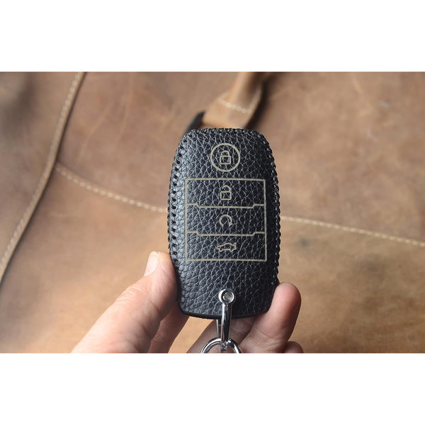JVCV® Soft Handmade Lychee Pattern Leather Key Cover Compatible with Kia Sonet Seltos Carens 4 Button Smart Key