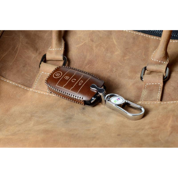 JVCV® Car Styling Soft Handmade Leather Key Cover Compatible with Kia Seltos Sonet Carens 4 Button Smart Key - Verify Key Button and Shape Before Ordering
