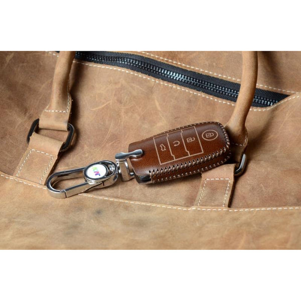 JVCV® Car Styling Soft Handmade Leather Key Cover Compatible with Kia Seltos Sonet Carens 4 Button Smart Key - Verify Key Button and Shape Before Ordering