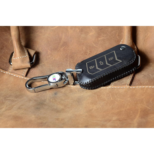 JVCV Car Styling Soft Handmade Leather Key Cover Compatible With Mahindra Xuv 700, Thar, Marazzo, Bolero, Scorpio, Scorpio N, Xuv 300, Tuv300 Plus And Xuv 400 Ev 3 Button Flip Key