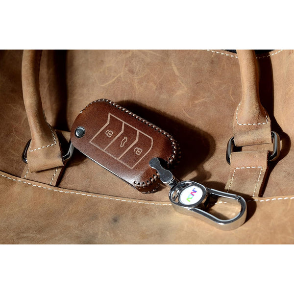 JVCV Car Styling Soft Handmade Leather Key Cover Compatible With Mahindra Xuv 700, Thar, Marazzo, Bolero, Scorpio, Scorpio N, Xuv 300, Tuv300 Plus And Xuv 400 Ev 3 Button Flip Key
