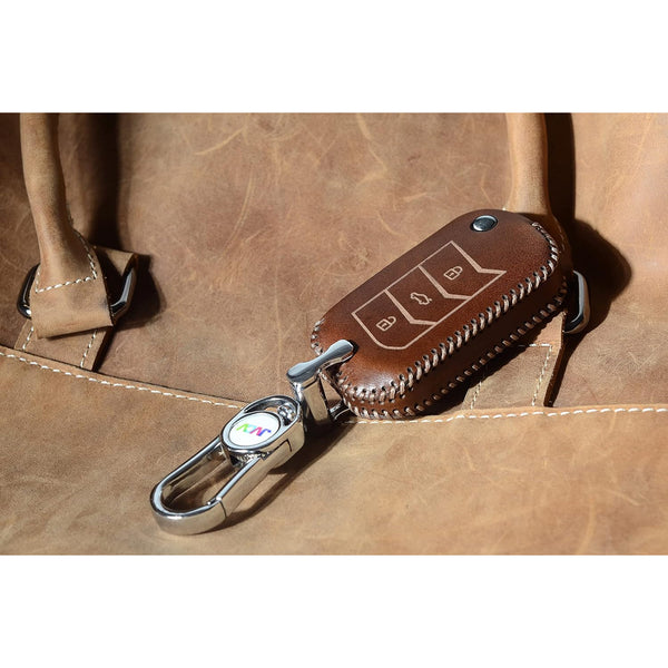 JVCV Car Styling Soft Handmade Leather Key Cover Compatible With Mahindra Xuv 700, Thar, Marazzo, Bolero, Scorpio, Scorpio N, Xuv 300, Tuv300 Plus And Xuv 400 Ev 3 Button Flip Key