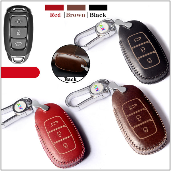 JVCV® Handmade Leather Car Key Cover – Compatible with Hyundai Verna 3 Button Smart Key