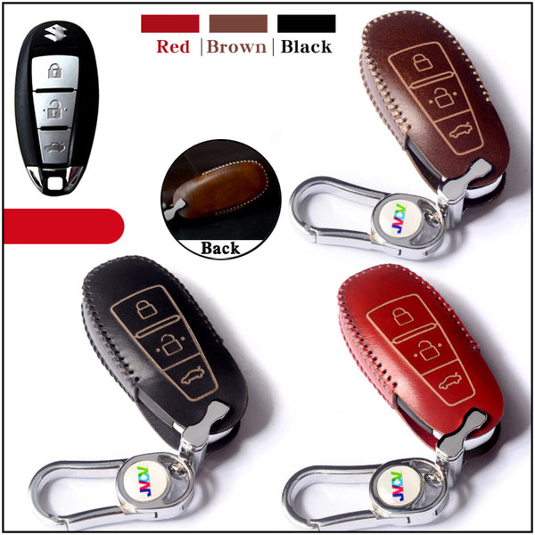 JVCV® Soft Handmade Leather Car Key Cover Compatible with Maruti Suzuki Baleno Ciaz Vitara Brezza S Cross Swift Ignis, Toyota Urban Cruiser Smart Key with Keychain-3B Push Button Start Car Key.