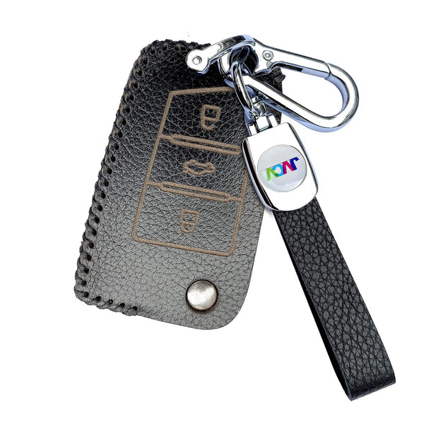 JVCV® Soft Handmade Lychee Pattern Leather Key Cover Compatible with Skoda Kylaq Kushaq Slavia Octavia Kodiaq Superb and Volkswagen Tiguan Taigun and Virtus Folding Key