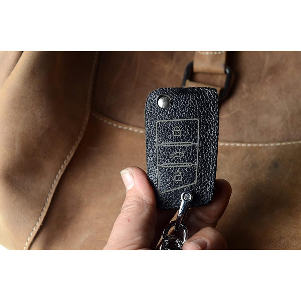 JVCV® Soft Handmade Lychee Pattern Leather Key Cover Compatible with Skoda Kylaq Kushaq Slavia Octavia Kodiaq Superb and Volkswagen Tiguan Taigun and Virtus Folding Key