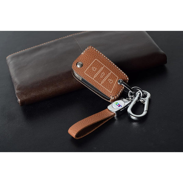 JVCV® Soft Handmade Lychee Pattern Leather Key Cover Compatible with Skoda Kylaq Kushaq Slavia Octavia Kodiaq Superb and Volkswagen Tiguan Taigun and Virtus Folding Key
