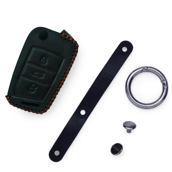 JVCV® Soft Handmade Leather Key Cover Compatible with Skoda Slavia Kushaq Taigun Tiguan Virtus Octavia Kodiaq Superb Folding Key