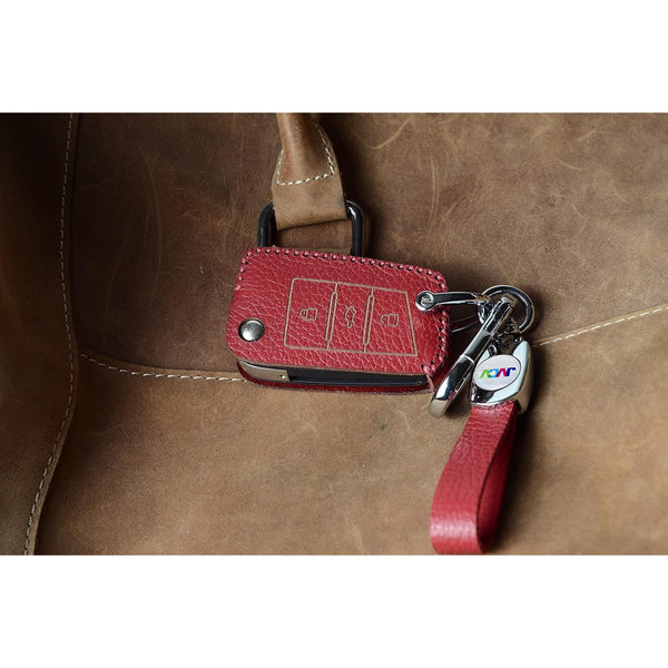 JVCV® Soft Handmade Lychee Pattern Leather Key Cover Compatible with Skoda Kylaq Kushaq Slavia Octavia Kodiaq Superb and Volkswagen Tiguan Taigun and Virtus Folding Key