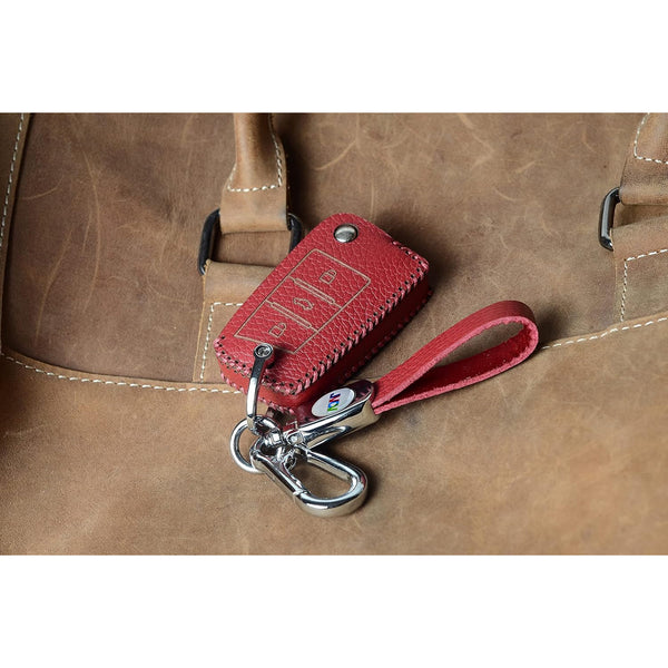 JVCV® Soft Handmade Lychee Pattern Leather Key Cover Compatible with Skoda Kylaq Kushaq Slavia Octavia Kodiaq Superb and Volkswagen Tiguan Taigun and Virtus Folding Key