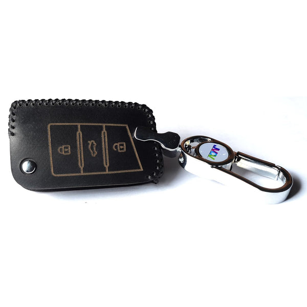 JVCV® Car Styling Soft Handmade Leather Key Cover Compatible with Skoda Slavia Kushaq Octavia Taigun Tiguan Virtus Kodiaq Superb Folding Key