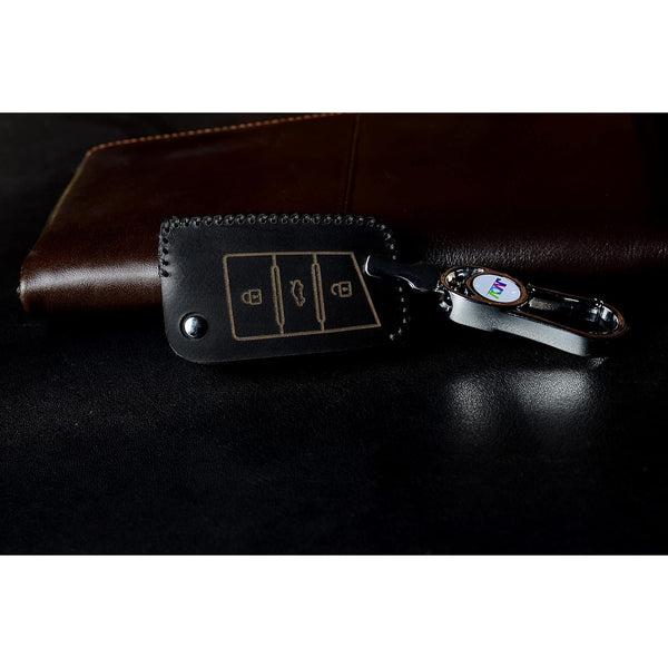 JVCV® Car Styling Soft Handmade Leather Key Cover Compatible with Skoda Slavia Kushaq Octavia Taigun Tiguan Virtus Kodiaq Superb Folding Key