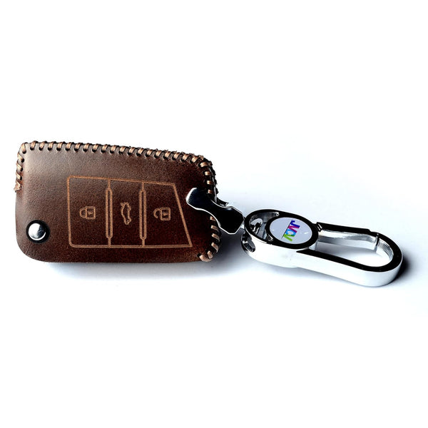 JVCV® Car Styling Soft Handmade Leather Key Cover Compatible with Skoda Slavia Kushaq Octavia Taigun Tiguan Virtus Kodiaq Superb Folding Key