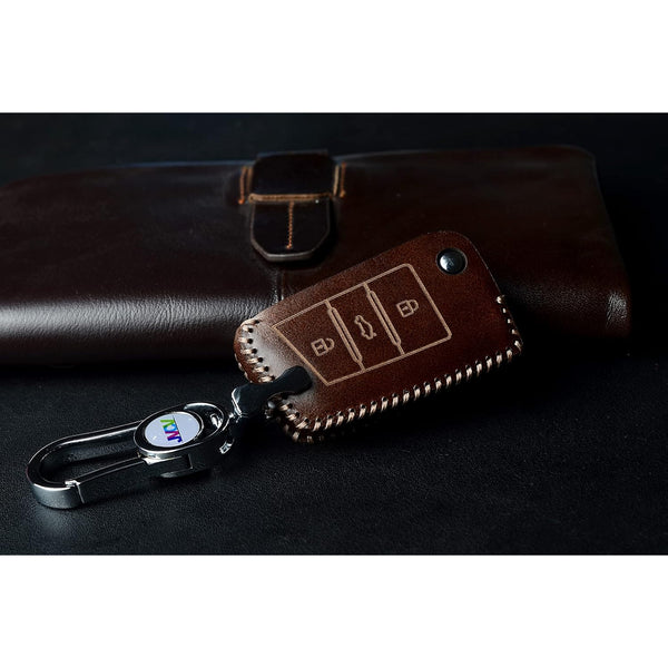 JVCV® Car Styling Soft Handmade Leather Key Cover Compatible with Skoda Slavia Kushaq Octavia Taigun Tiguan Virtus Kodiaq Superb Folding Key