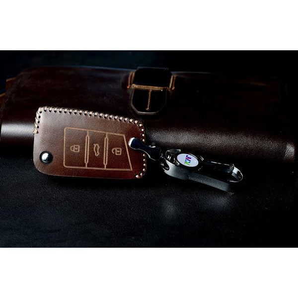 JVCV® Car Styling Soft Handmade Leather Key Cover Compatible with Skoda Slavia Kushaq Octavia Taigun Tiguan Virtus Kodiaq Superb Folding Key