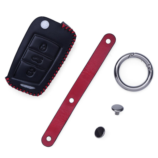 JVCV® Soft Handmade Leather Key Cover Compatible with Skoda Slavia Kushaq Taigun Tiguan Virtus Octavia Kodiaq Superb Folding Key