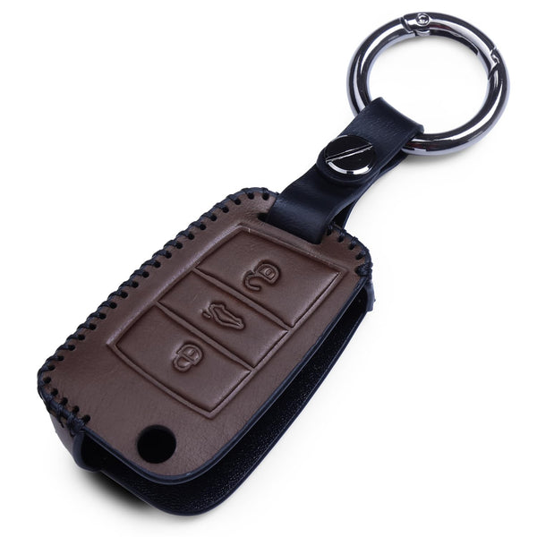 JVCV® Soft Handmade Leather Key Cover Compatible with Skoda Slavia Kushaq Taigun Tiguan Virtus Octavia Kodiaq Superb Folding Key
