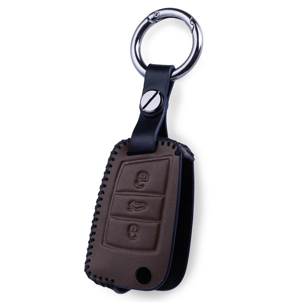 JVCV® Soft Handmade Leather Key Cover Compatible with Skoda Slavia Kushaq Taigun Tiguan Virtus Octavia Kodiaq Superb Folding Key