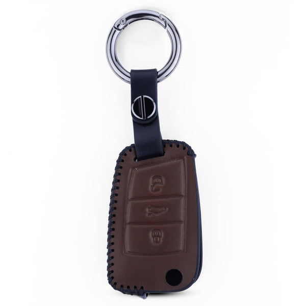 JVCV® Soft Handmade Leather Key Cover Compatible with Skoda Slavia Kushaq Taigun Tiguan Virtus Octavia Kodiaq Superb Folding Key