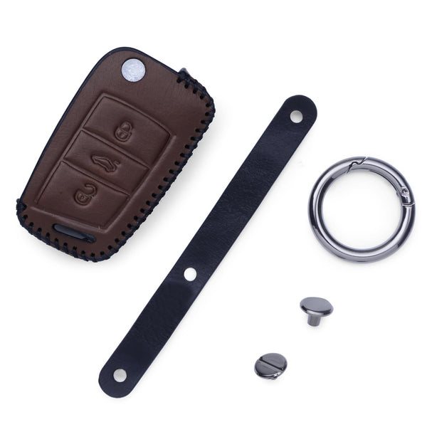 JVCV® Soft Handmade Leather Key Cover Compatible with Skoda Slavia Kushaq Taigun Tiguan Virtus Octavia Kodiaq Superb Folding Key