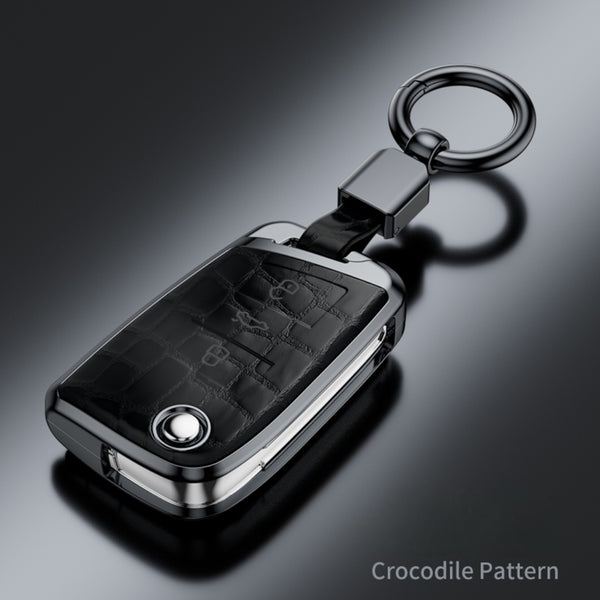 JVCV® Crocodile Pattern ABS Key Cover (Black) with Keychain – Compatible with Skoda & VW Folding Keys
