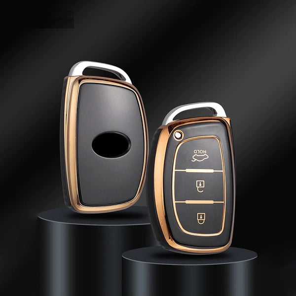 JVCV® Gold Border TPU Key Cover Compatible with Hyundai Creta, i10 Grand, i20 Elite, i20 Active, Xcent, Verna 4s, Tucson, Elantra, Grand i10 Nios 3 Button Smart Key