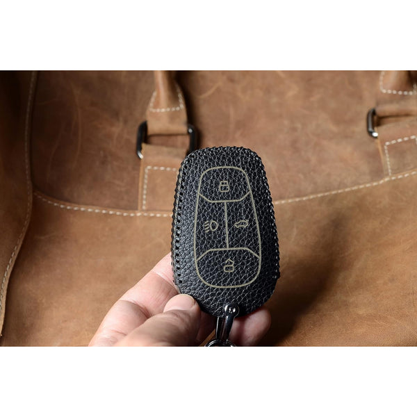 JVCV® Soft Handmade Lychee Pattern Leather Key Cover Compatible with Tata Nexon, Harrier, Altroz, Tigor BS6, Safari 2021 Safari Gold, Punch 4 Button Smart Key