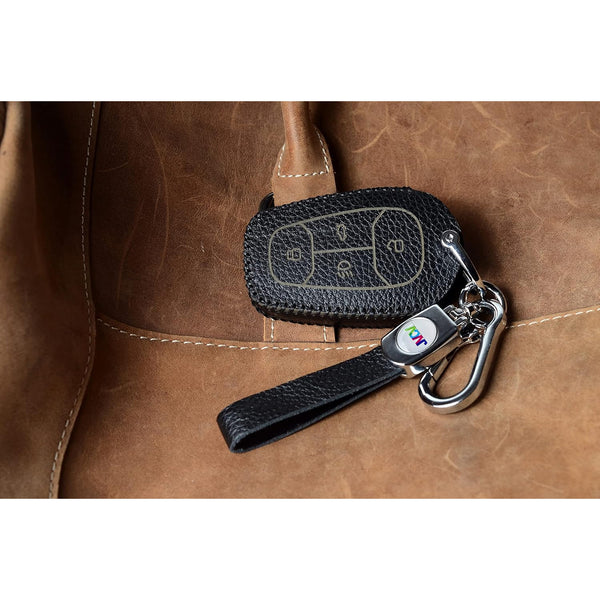 JVCV® Soft Handmade Lychee Pattern Leather Key Cover Compatible with Tata Nexon, Harrier, Altroz, Tigor BS6, Safari 2021 Safari Gold, Punch 4 Button Smart Key