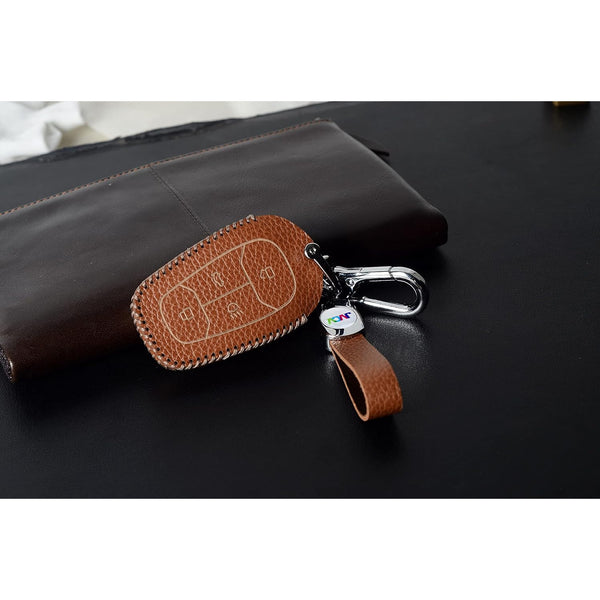 JVCV® Soft Handmade Lychee Pattern Leather Key Cover Compatible with Tata Nexon, Harrier, Altroz, Tigor BS6, Safari 2021 Safari Gold, Punch 4 Button Smart Key