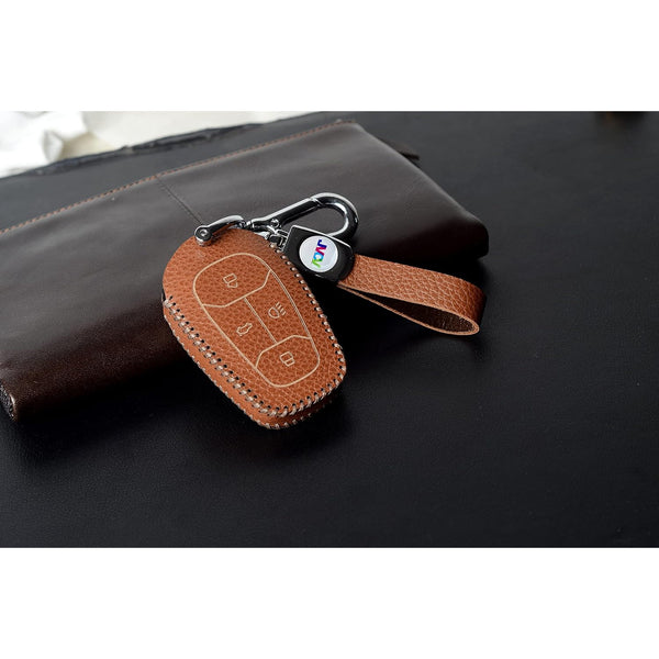 JVCV® Soft Handmade Lychee Pattern Leather Key Cover Compatible with Tata Nexon, Harrier, Altroz, Tigor BS6, Safari 2021 Safari Gold, Punch 4 Button Smart Key