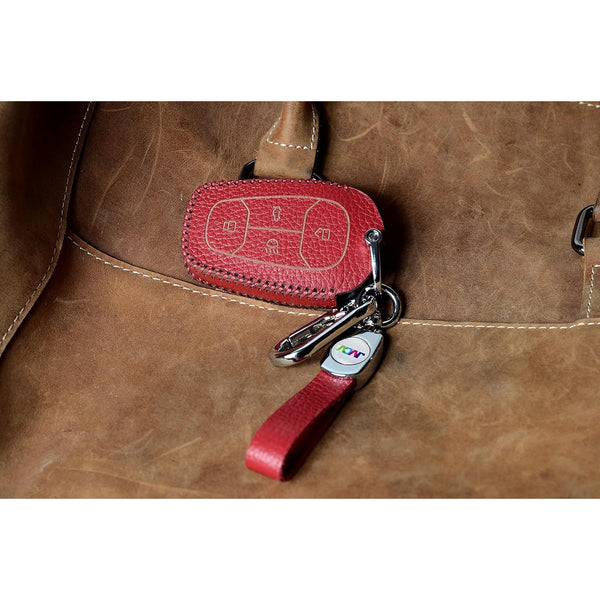 JVCV® Soft Handmade Lychee Pattern Leather Key Cover Compatible with Tata Nexon, Harrier, Altroz, Tigor BS6, Safari 2021 Safari Gold, Punch 4 Button Smart Key