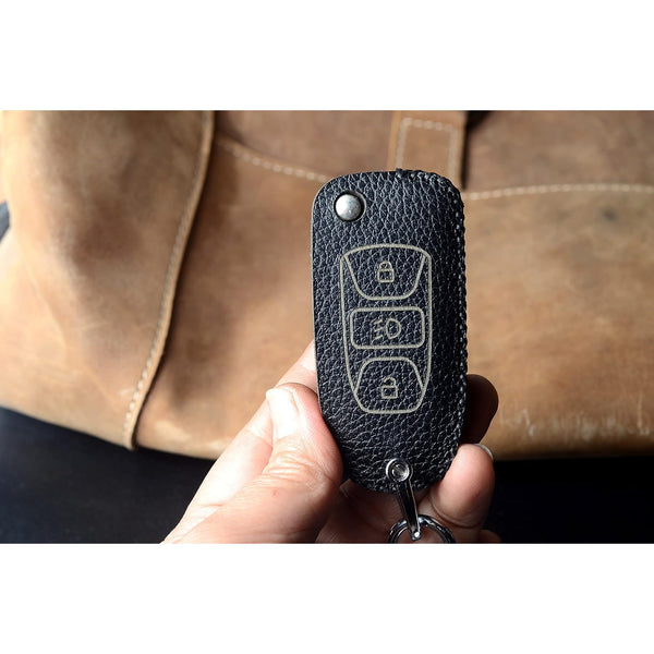 JVCV® Soft Handmade Lychee Pattern Leather Key Cover Compatible with Tata Tiago Tigor Punch Hexa Nexon Zest Bolt Safari Storme Flip Key