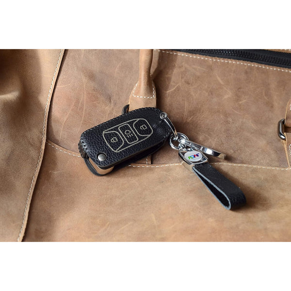 JVCV® Soft Handmade Lychee Pattern Leather Key Cover Compatible with Tata Tiago Tigor Punch Hexa Nexon Zest Bolt Safari Storme Flip Key