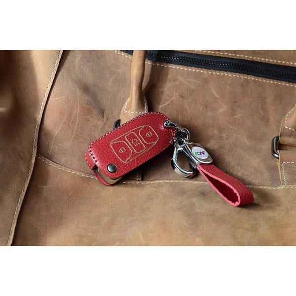 JVCV® Soft Handmade Lychee Pattern Leather Key Cover Compatible with Tata Tiago Tigor Punch Hexa Nexon Zest Bolt Safari Storme Flip Key