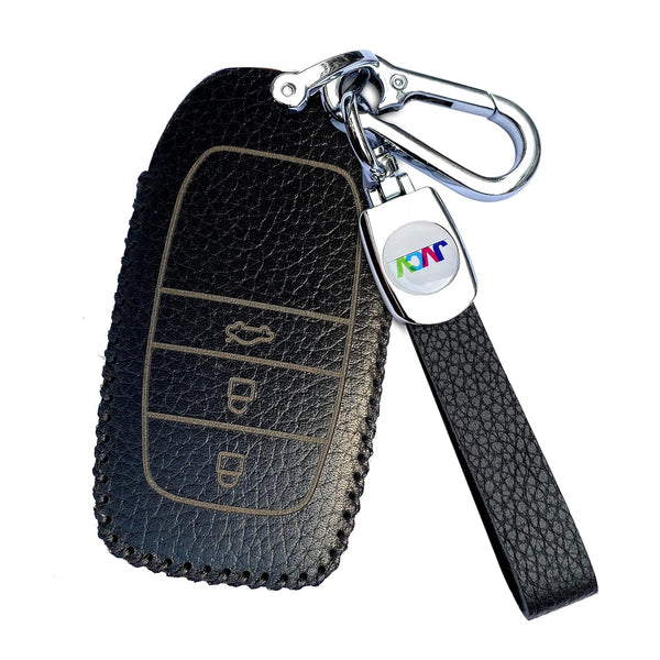 JVCV® Soft Handmade Lychee Pattern Leather Key Cover Compatible with Toyota Innova Crysta Fortuner Legender Hycross Hilux Land Cruiser 3 Button Smart Key
