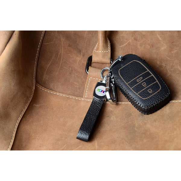 JVCV® Soft Handmade Lychee Pattern Leather Key Cover Compatible with Toyota Innova Crysta Fortuner Legender Hycross Hilux Land Cruiser 3 Button Smart Key