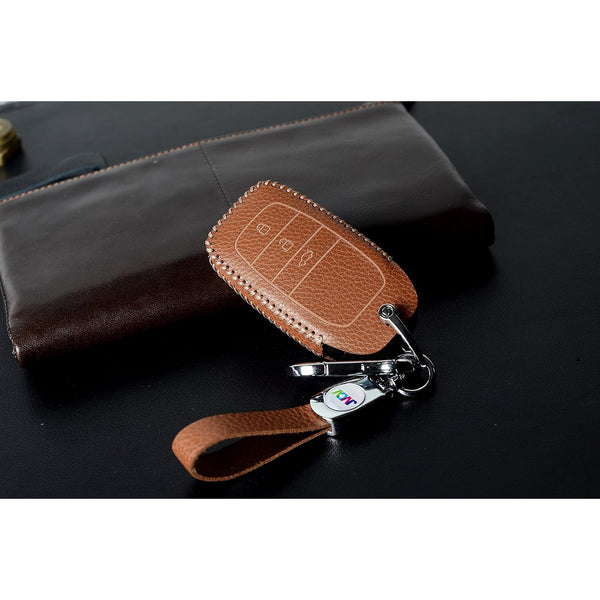 JVCV® Soft Handmade Lychee Pattern Leather Key Cover Compatible with Toyota Innova Crysta Fortuner Legender Hycross Hilux Land Cruiser 3 Button Smart Key