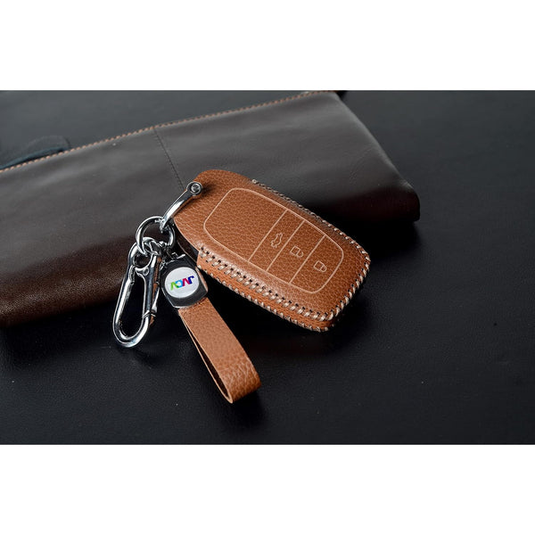 JVCV® Soft Handmade Lychee Pattern Leather Key Cover Compatible with Toyota Innova Crysta Fortuner Legender Hycross Hilux Land Cruiser 3 Button Smart Key