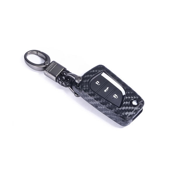 Car Styling Soft Carbon Fiber Pattern Key Cover Compatible with Toyota Folding Key with Keychain