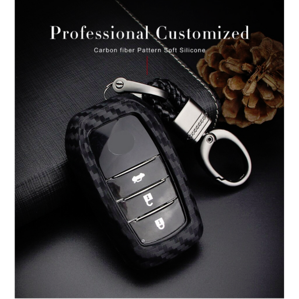 Silicone Car Styling Soft Carbon Fiber Pattern Key Cover Compatible With Toyota Smart Key With Keychain, Black