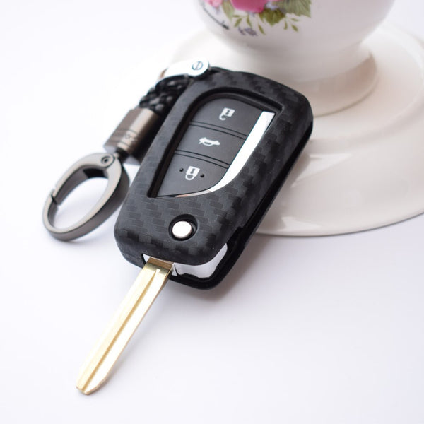 Car Styling Soft Carbon Fiber Pattern Key Cover Compatible with Toyota Folding Key with Keychain